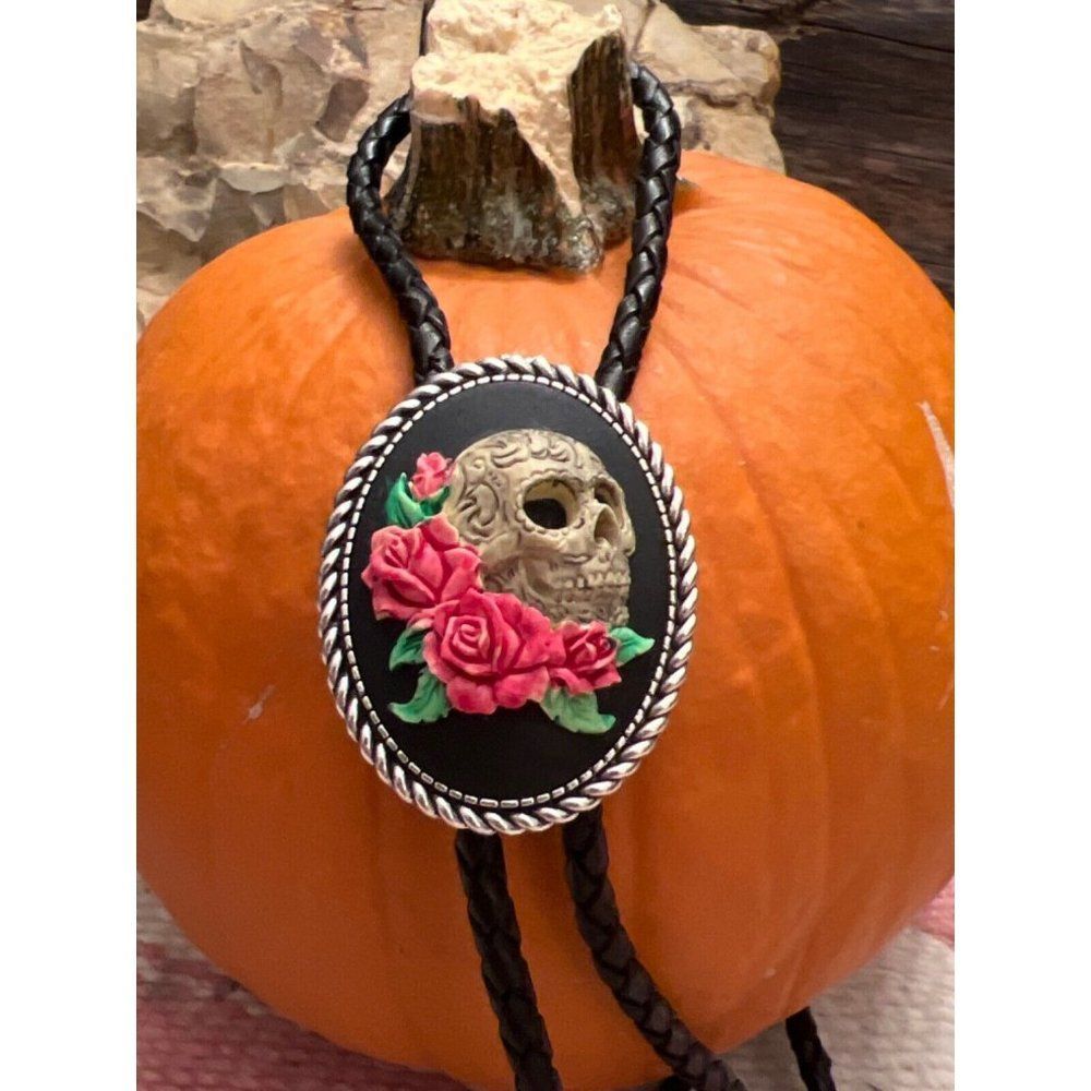 Rose Skeleton Steampunk Skull Cameo Pendant Lariat Bolo Tie Gothic Men’s Women